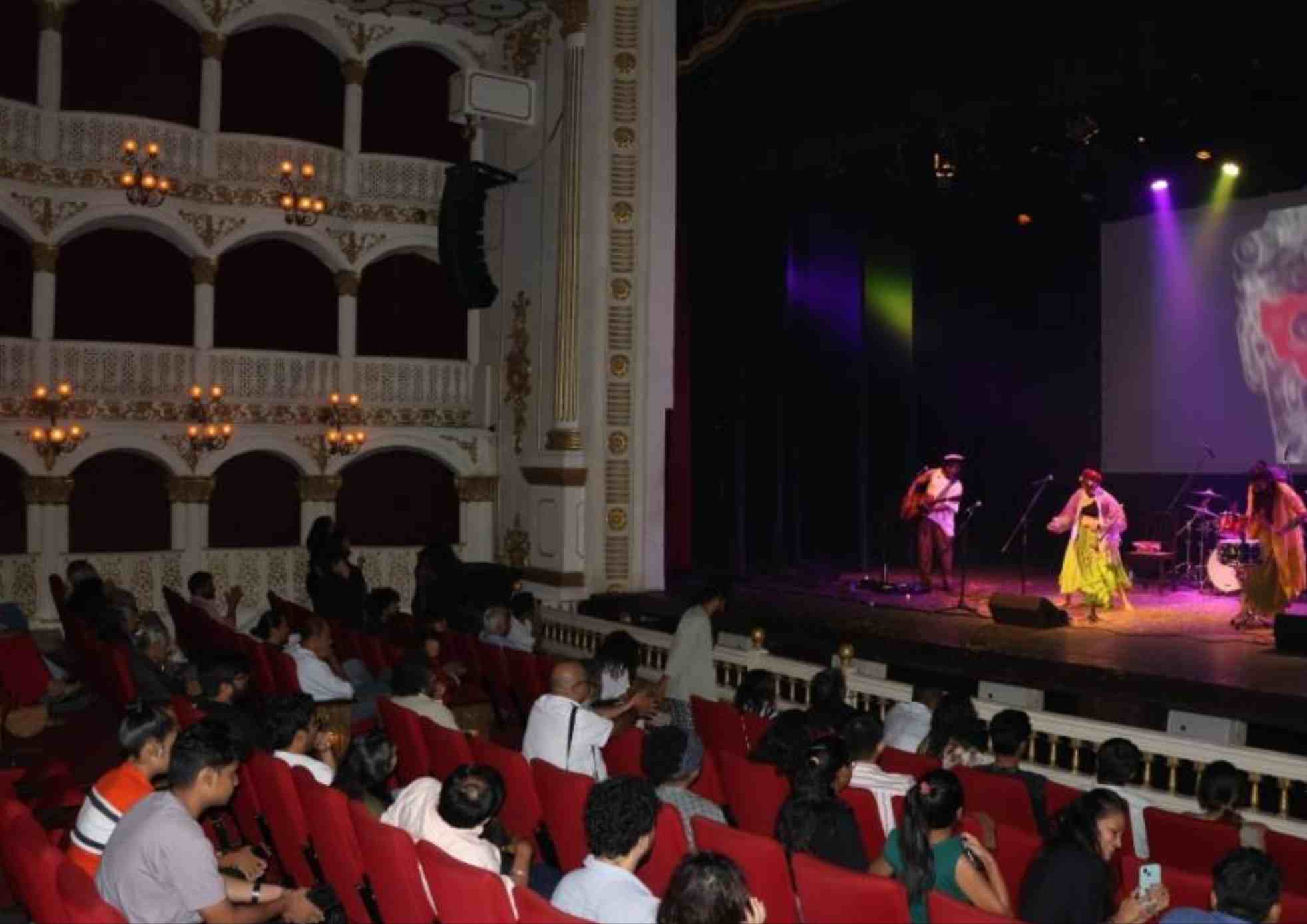 Baroque design, Italian marble construction, 26 rows of private, Acoustic ceiling design, Seating capacity of around 575.