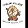 Logo of Geethaanjalie School of Carnatic Music featuring Nataraja within a circular motif, accompanied by traditional Indian musical instruments including veena, tanpura, and mridangam.