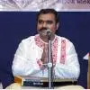 Hindustani classical vocalist Meher Paralikar performing live on stage with a swar mandal and microphone during a concert.