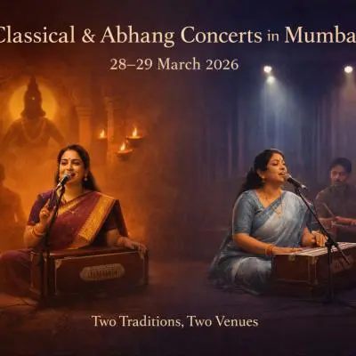 Minimalist split-scene illustration of two Indian music settings: a warm, lamp-lit temple space with a seated female vocalist performing devotional Abhang on one side, and a cool-lit auditorium stage with a vocalist accompanied by tabla and harmonium for a Hindustani classical concert on the other, with subtle text indicating concerts in Mumbai on 28–29 March 2026.