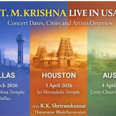 Promotional graphic showing T.M. Krishna USA Tour 2026 with concert details for Dallas, Houston, and Austin, including dates, venues, and accompanying artists R.K. Shriramkumar and Thiruvarur Bhakthavatsalam in a clean, color-block layout.