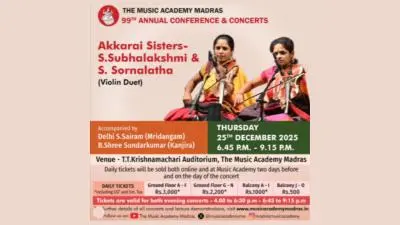 Poster announcing a violin duet concert by the Akkarai Sisters—S. Subhalakshmi and S. Sornalatha—accompanied by Delhi S. Sairam on mridangam and B. Shree Sundarkumar on kanjira, scheduled on 25 December 2025 at The Music Academy Madras.