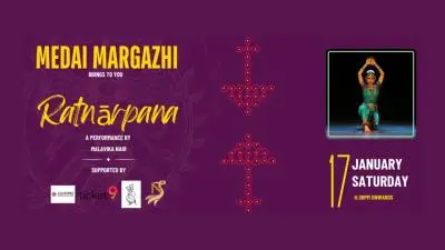 Event poster for ‘Ratnārpana’, a Bharatanatyam solo performance by Malavika Nair, presented by Medai Margazhi, scheduled on 17 January at 6:30 PM in Coimbatore.