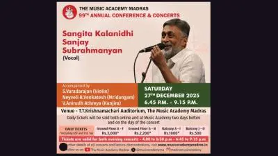 Poster announcing a Carnatic vocal concert by Sangita Kalanidhi Sanjay Subrahmanyan at The Music Academy Madras on 27 December 2025, featuring accompanists S. Varadarajan on violin, Neyveli B. Venkatesh on mridangam, and V. Anirudh Athreya on kanjira, with event timings and ticket details displayed.