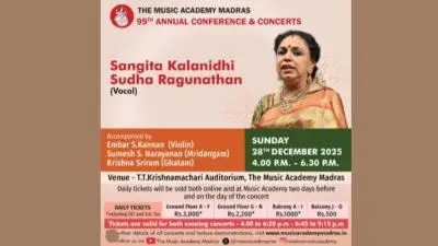Sangita Kalanidhi Sudha Ragunathan, perform in T.T. Krishnamachari Auditorium, The Music Academy Madras.