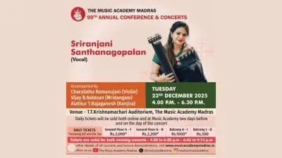 Poster announcing Sriranjani Santhanagopalan’s vocal concert at The Music Academy Madras on 23 December 2025.