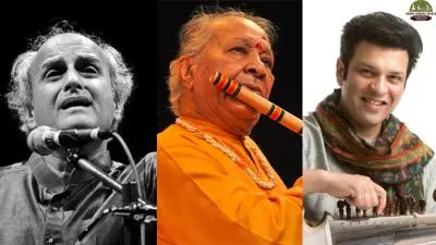 Swami Haridas–Tansen Sangeet Nritya Mahotsava 2026 Day 2 concert poster featuring Ustad Amaan Ali Bangash (sarod), Pandit Ulhas Kashalkar (vocal), and Pandit Hariprasad Chaurasia (flute) at Sir Shankarlal Hall, New Delhi.
