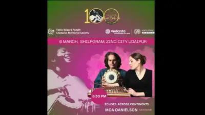 Promotional poster for a music event titled “Echoes Across Continents,” featuring Moa Danielson (santoor) and Heiko Dijker (tabla), scheduled on 6 March at Shilpgram, Zinc City Udaipur at 6:30 PM, organized by Tabla Wizard Pandit Chatur Lal Memorial Society, with sponsor logos and a contact number for free e-passes.