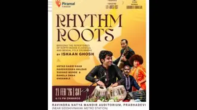 Rhythm Roots is a live percussion concert scheduled for 21 February 2026 at Ravindra Natya Mandir Auditorium.
