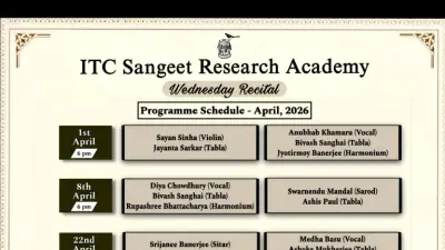 Programme schedule poster for ITC Sangeet Research Academy Wednesday Recitals, April 2026, listing performances on 1, 8, and 22 April at 6 pm, featuring artists Sayan Sinha, Anubhab Khamaru, Diya Chowdhury, Swarendu Mandal, Srijanee Banerjee, Medha Basu, and accompanying artists including Jayanta Sarkar, Bivash Sanghaj/Sanghai, Rupashree Bhattacharya, Ashis Paul, Soumen Nandy, Ashoke Mukherjee, and Jyotirmoy Banerjee.