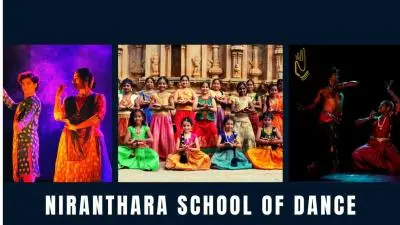 Banner of Niranthara School of Dance featuring Bharatanatyam performers and students in traditional costumes with the tagline “Never miss a chance to dance.”