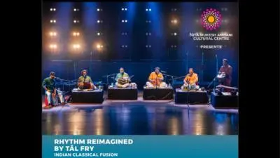 Poster for “Rhythm Reimagined by Taal Fry,” an Indian classical fusion concert presented by Nita Mukesh Ambani Cultural Centre, featuring Mahavir Chandrawat, Adarsh M. Nair, Varun Rajasekharan, Soumendra Goswami, Manohar Balatchandirane, Ravinder Rajput, and Zargham Akram Khan, scheduled for 27 March 2026 at The Cube.
