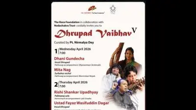 Poster for Dhrupad Vaibhav V curated by Pt. Nirmalya Dey, presented by The Raza Foundation in collaboration with Nadachakra Trust at India Habitat Centre, New Delhi, featuring Dhani Gundecha with Dhyaneshwar Deshmukh, Mita Nag with Manmohan Nayak, Rishi Shankar Upadhyay with Lalit Sisodia, and Ustad Fayaz Wasifuddin Dagar with Pt. Mohan Shyam Sharma.
