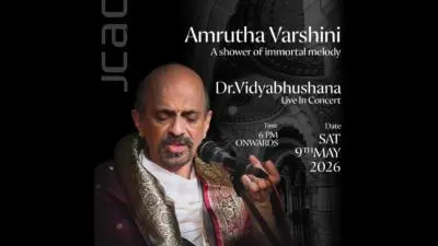 Poster for “Amrutha Varshini: A shower of immortal melody” featuring Dr. Vidyabhushana live in concert on Saturday, 9 May 2026 at 6 PM, presented by Jagannatha Center for Art and Culture (JCAC), Mysuru.