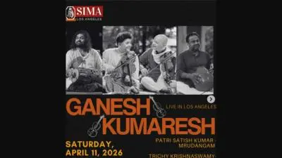 Poster announcing a Carnatic violin concert by Ganesh–Kumaresh with Patri Satish Kumar on mridangam and Trichy Krishnaswamy on ghatam, presented by SIMA Los Angeles on April 11, 2026 at Bristol Civic Auditorium, Bellflower, California.