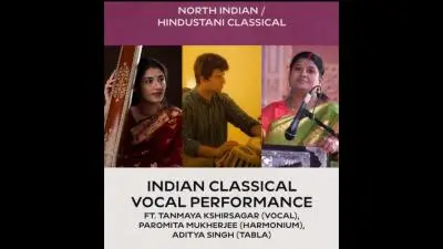 Poster for an Indian classical vocal performance featuring Tanmaya Khirsagar (vocal), Paromita Mukherjee (harmonium), and Aditya Singh (tabla) on 29 March at 7 PM at Depot 48.