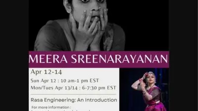Poster for a Bharatanatyam workshop by Meera Sreenarayanan titled “Rasa Engineering: An Introduction,” scheduled for April 12–14 at The Dance Complex in Cambridge, Massachusetts, organized with Boston Adavu.