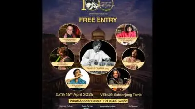 Poster for Pandit Chatur Lal 100-year memorial concert on 16 April 2026 at Safdarjung Tomb, Delhi, featuring performances by Anup Jalota, Pranshu Chatur Lal, Monis Ali, Atul Shankar, Mohd Saqib Khan, and Shubheb Hasan, with free entry.