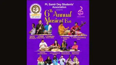 Poster of the 6th Annual Musical Eve presented by Pt. Samir Dey Students' Association featuring artists including Pt. Rupak Kulkarni, Pt. Shailendra Mishra, Pt. Samir Dey, Pt. Ashim Chowdhury and others at Rastriya Nach Ghar, Jamal, Kathmandu on 28 March 2026.