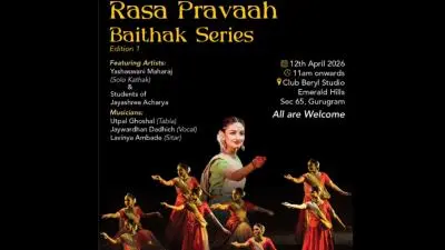 Poster of Rasa Pravaah Baithak Series Edition 1 by Rasik Performing Arts featuring Yashaswani Maharaj and students of Jayashree Acharya, with musicians Utpal Ghoshal, Jaywardhan Dadhich and Lavinya Ambade, scheduled on 12 April 2026 at Club Beryl Studio, Gurugram.