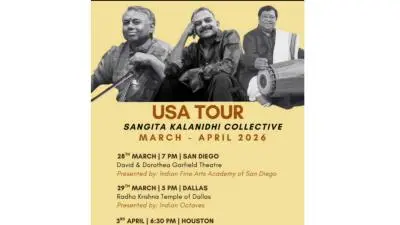 Poster announcing Sangita Kalanidhi Collective USA Tour (March–April 2026) featuring artists, with concert dates and venues listed for San Diego, Dallas, Houston, and Austin.
