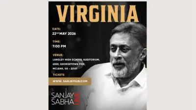 Poster announcing a vocal concert by Sanjay Subrahmanyan presented by Sanjay Sabha at Langley High School Auditorium in Virginia on 22 May 2026 at 7:00 PM.