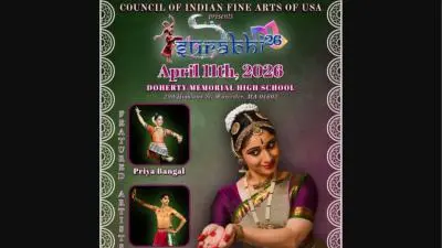 Poster for Surabhi 2026, a Bharatanatyam production titled Harini presented by Meera Sreenarayanan, featuring dancers Priya Bangal and Vivek Ramanan at Doherty Memorial High School in Worcester, Massachusetts on April 11, 2026.