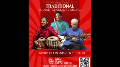 Event poster for Traditional Indian Classical Music concert featuring Adrian McNeil (sarod), Bobby Singh (tabla), and Vinod Prasanna (bansuri) at Tecoma Uniting Church, Victoria on 22 May, 7–9 PM.