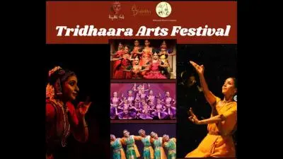 Poster for Tridhaara Arts Festival featuring Bharatanatyam performances by Meera Sreenarayanan and Mythili Prakash, along with group presentations titled The Confluence, scheduled for May 17, 2026.