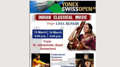 Poster of Indian classical music concert featuring singer Uma Kumar with Chidambaram Narayanan (mridangam) and Arun Venkitaraman (violin) at St. Jakobshalle, Basel, Switzerland on 13 and 14 March.