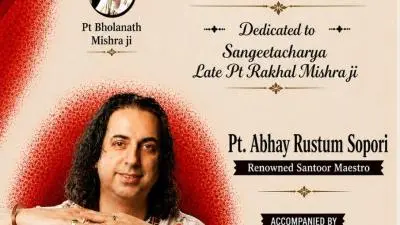 Swarlayachhand Musical Festival 2026 poster featuring renowned Santoor maestro Pt. Abhay Rustum Sopori with tabla accompaniment by Shri Ujith Udaya Kumar at Muktdhara Auditorium, New Delhi.