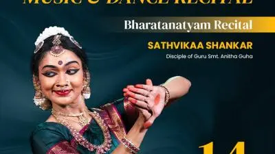 Bharatanatyam recital poster featuring Sathvikaa Shankar at C.D. Deshmukh Auditorium on May 14 2026
