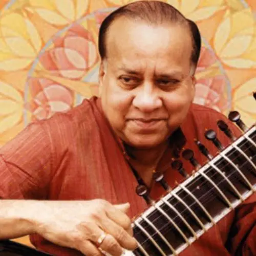 Portrait of a sitar performer playing the instrument in a close-up view.