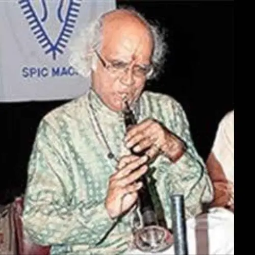 An elderly Indian classical musician wearing a light green kurta is playing the shehnai on stage, focused and seated, with a SPIC MACAY banner visible in the background.