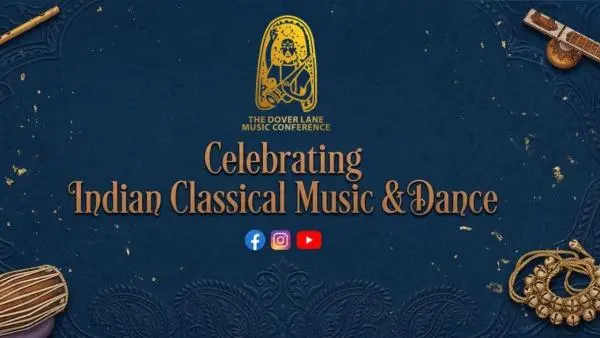 Cover banner of The Dover Lane Music Conference celebrating Indian Classical Music and Dance, featuring traditional musical instruments and cultural artwork on a blue decorative background.
