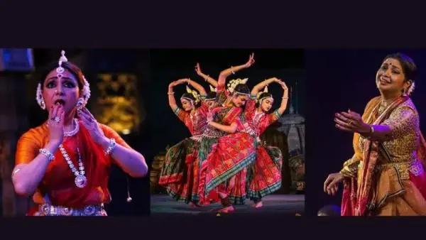 Collage of Indian classical dance and music performances featuring expressive dancers and singers in colorful traditional attire performing on stage under dramatic lighting.