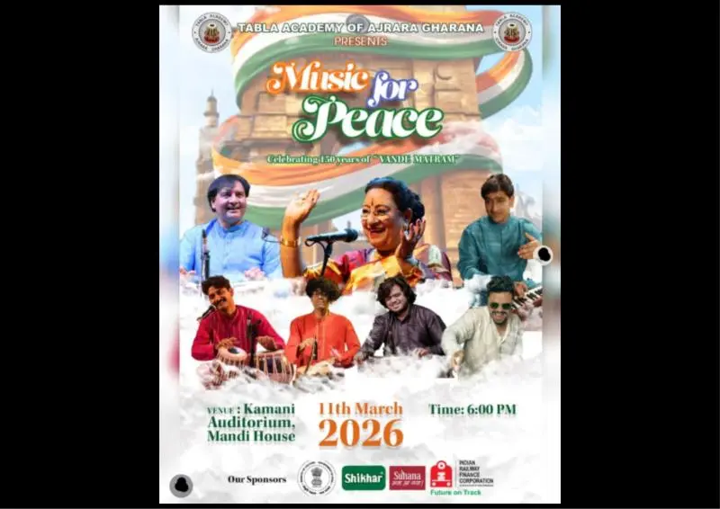 Event poster for “Music for Peace” presented by Tabla Academy of Ajrara Gharana, featuring Begum Parveen Sultana and accompanying musicians, scheduled on 11 March 2026 at Kamani Auditorium, Mandi House, New Delhi.