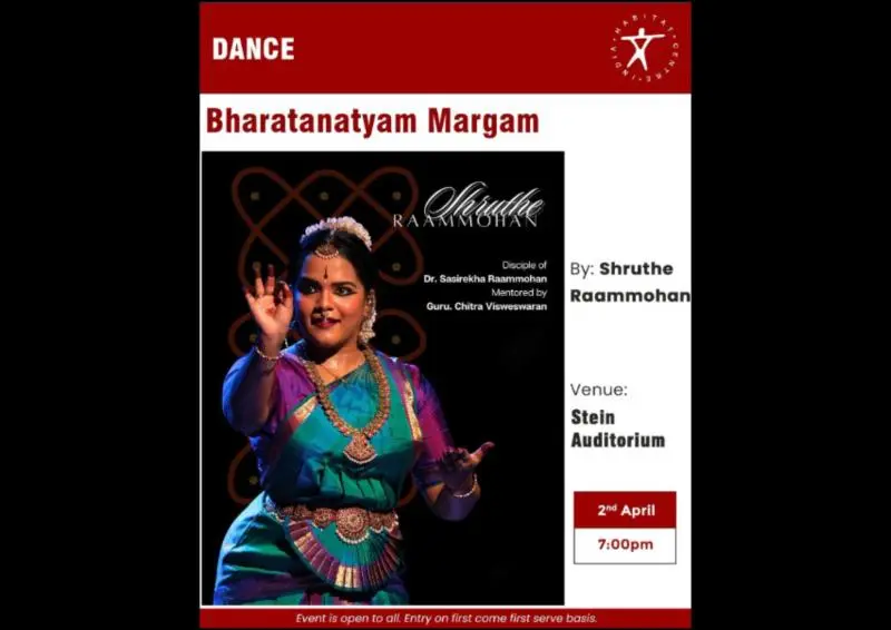 Poster of a Bharatanatyam Margam performance by Shruthe Raammohan at Stein Auditorium on 2nd April at 7:00 PM, featuring the dancer in traditional costume with event details displayed.