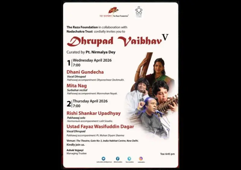 Poster for Dhrupad Vaibhav V curated by Pt. Nirmalya Dey, presented by The Raza Foundation in collaboration with Nadachakra Trust at India Habitat Centre, New Delhi, featuring Dhani Gundecha with Dhyaneshwar Deshmukh, Mita Nag with Manmohan Nayak, Rishi Shankar Upadhyay with Lalit Sisodia, and Ustad Fayaz Wasifuddin Dagar with Pt. Mohan Shyam Sharma.