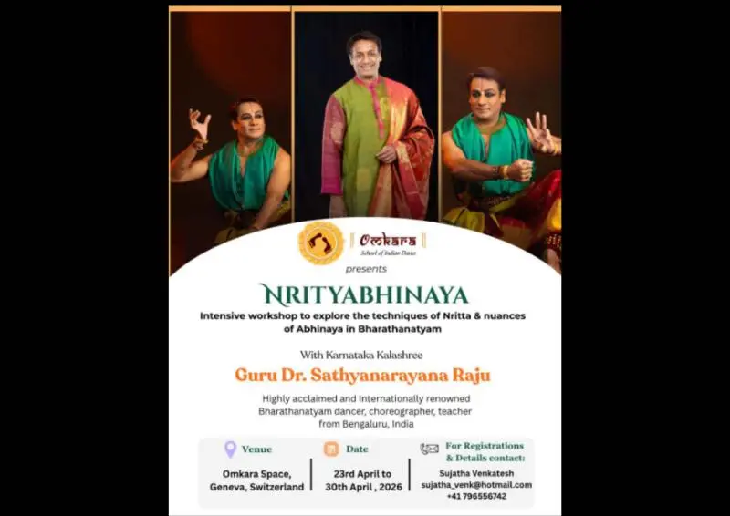 Poster for “Nrityabhinaya,” a Bharatanatyam workshop led by Guru Dr. Sathyanarayana Raju at Omkara Space, Geneva, Switzerland, from 23rd April to 30th April 2026, presented by Omkara School of Indian Dance.