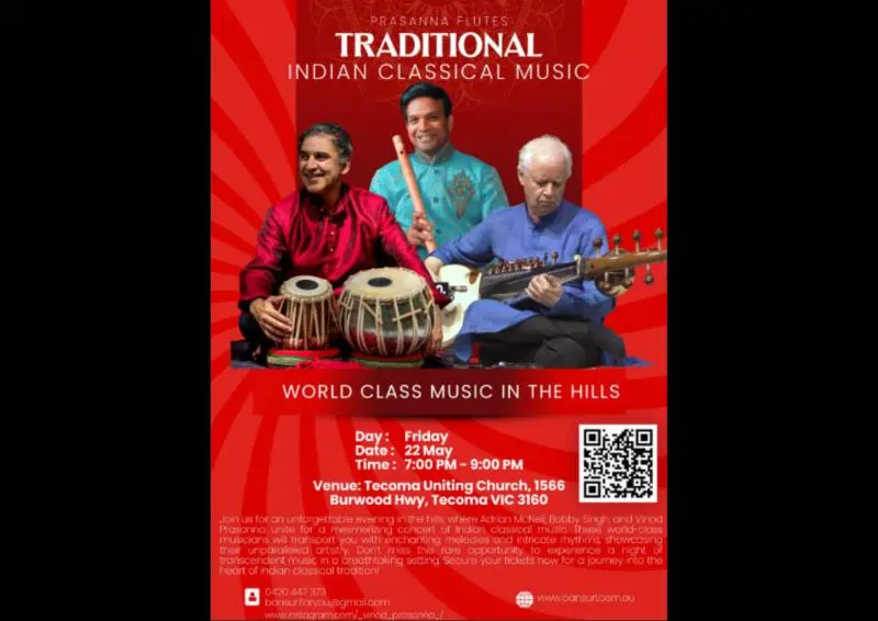 Event poster for Traditional Indian Classical Music concert featuring Adrian McNeil (sarod), Bobby Singh (tabla), and Vinod Prasanna (bansuri) at Tecoma Uniting Church, Victoria on 22 May, 7–9 PM.