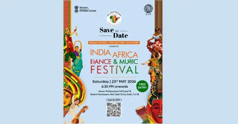 Festival cover poster for the India–Africa Dance & Music Festival 2026 featuring vibrant Indian and African cultural artwork, dance illustrations, event details, and ICCR branding.