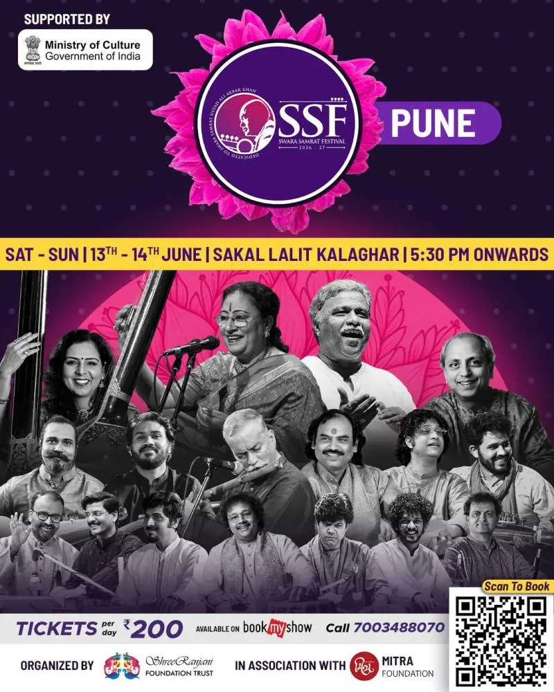 Poster for Swara Samrat Festival Pune featuring Indian classical music artists, event dates, venue details, ticket information, and QR booking code.