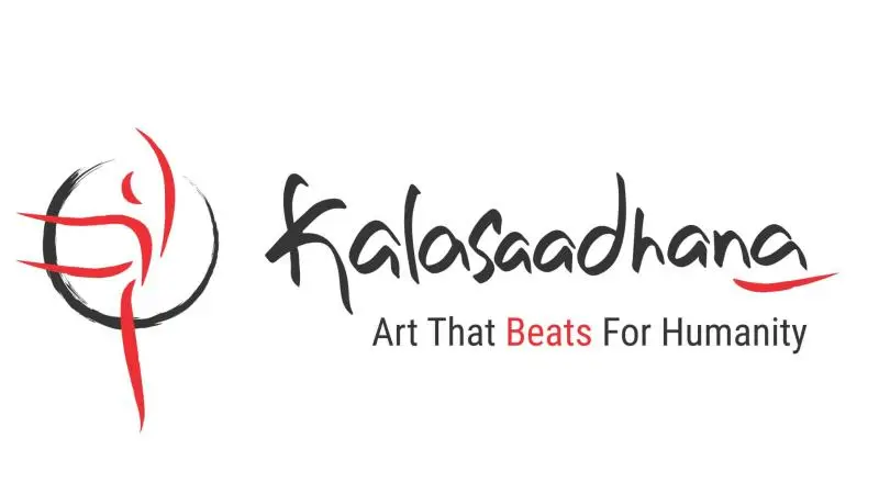 Kalasadhana logo featuring a stylised red and black abstract human figure within a circular brushstroke, alongside the text “Kalasadhana” and the tagline “Art That Beats For Humanity,” with the word “Beats” highlighted in red.