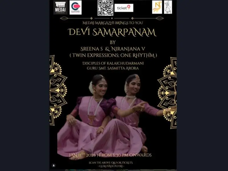Devi Samarpanam Bharatanatyam performance by Sreena S and Niranjana V, disciples of Kalaichudarmani Guru Smt. Sasmitta Arora, on 11 January 2026, starting 6:30 PM.