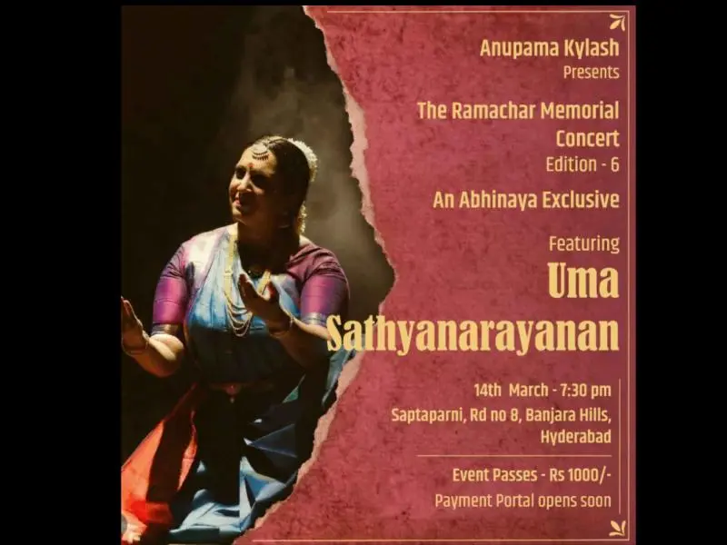 Poster for The Ramachar Memorial Concert featuring Bharatanatyam artist Uma Sathyanarayanan, with event details, date, time, and venue in Hyderabad.