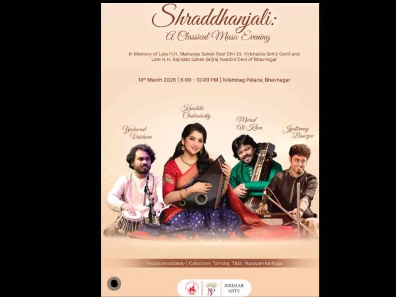Poster for “Shraddhanjali: A Classical Music Evening” scheduled on 14 March 2026 at Nilambag Palace, Bhavnagar, featuring artists Kaushiki Chakraborty, Murad Ali Khan, Yashwant Vaishnav, and Jayasmayee Banerjee, with their portraits displayed against a beige background along with event details and organiser logos.