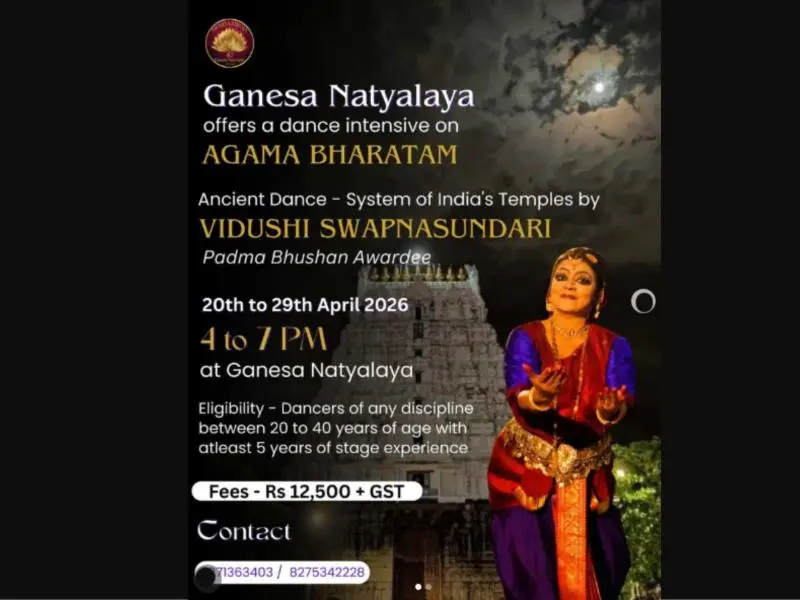 An event poster for a dance intensive titled "AGAMA BHARATAM" offered by Ganesa Natyalaya. The poster features a photograph of Vidushi Swapnasundari, a Padma Bhushan awardee, in a classical dance pose against a backdrop of an ancient Indian temple under a full moon. The text provides details: the event runs from 20th to 29th April 2026, 4 to 7 PM at Ganesa Natyalaya. Eligibility requires dancers aged 20–40 with 5 years of stage experience. The fees are listed as Rs 12,500 + GST, with contact numbers provide