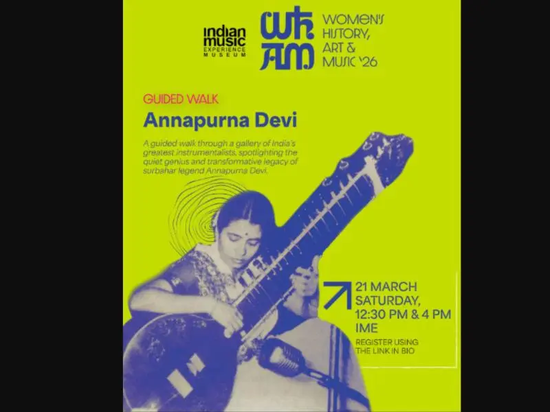 Poster for the Annapurna Devi guided walk at the Indian Music Experience Museum in Bengaluru as part of WHAM 2026 (Women’s History, Art and Music), highlighting the legacy of the surbahar maestro.
