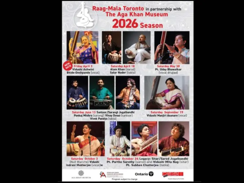 A promotional poster for the Raag-Mala Toronto 2026 season in partnership with the Aga Khan Museum, featuring a lineup of Indian classical music concerts. The poster includes artist photos and event dates: Vidushi Ashwini Bhide-Deshpande (April 3), Alam Khan and Salar Nader (April 18), Pt. Uday Bhawalkar (May 30), a santoor-sarangi jugalbandhi with Pankaj Mishra, Vinay Desai, and Vivek Pandya (June 13), Vidushi Manjiri Asanare (September 19), Vidushi Indrani Mukherjee (October 3), and a sitar-sarod jugalban
